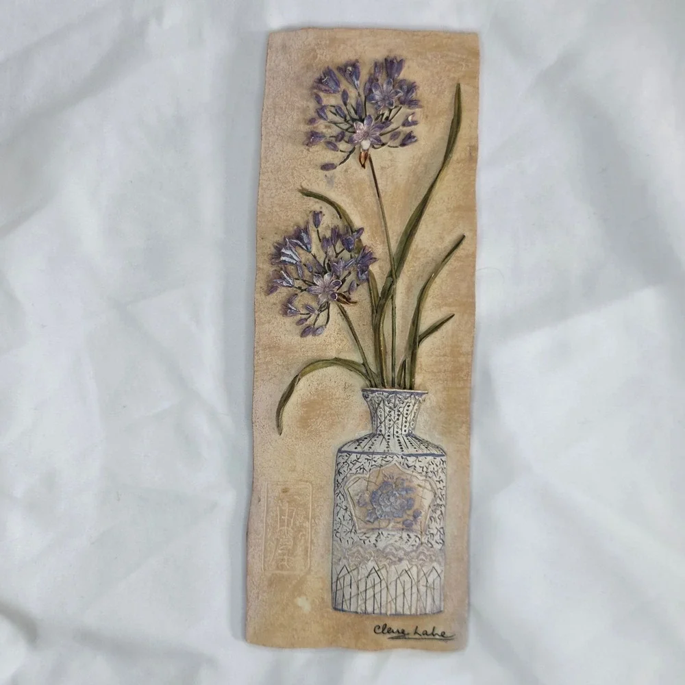 Clare Lake Ceramic Wall Art Floral Relief Plaque Purple Flowers Cottagecore - Picture 13 of 16